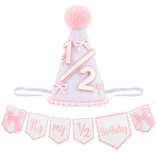 Floruvia Set Decorativo 2 Pezzi per Mezzo Compleanno da Bambina, Cappellino da Festa con Fiocco e Banner per seggiolone, Accessori fotografici per Cake Smash e Festa Baby (Rosa)