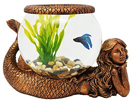 Mystical Mermaid Decorative Fish Bowl – 1 Gallon Glass Aquarium, Terrarium, or Candle Holder | Gold Antiqued Mermaid Figurine with Bowl, Accent Ring & River Rocks – Tabletop Home Décor Gift