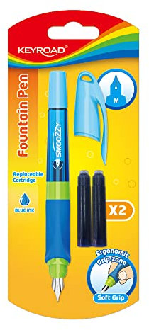KEYROAD Ergonomischer Füllfederhalter SMOOZZY WRITER - M/Schreibfarbe Blau/im Lieferumfang 2 Patronen mit blauer Tinte/Rutschfest Gummierte Griffstück/Mischfarben, keine Auswahl möglich