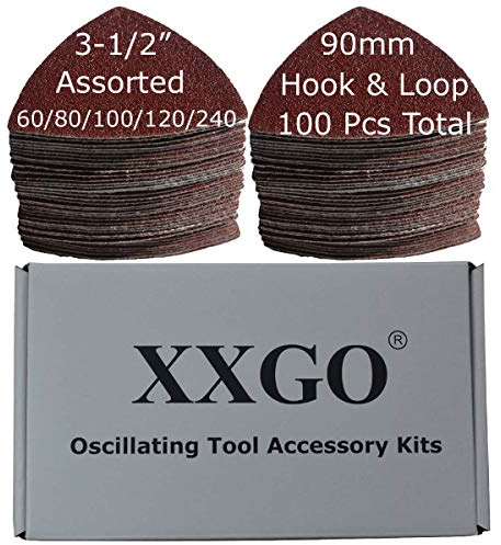XXGO 100 Pcs 3-1/2 Inch 90mm Triangular 60/80 /100/120 /240 Grits Hook & Loop Multitool Sandpaper for Wood Sanding Contains 20 of Each Fit 3.5 Inch Oscillating Multi Tool Sanding Pad XG9020U