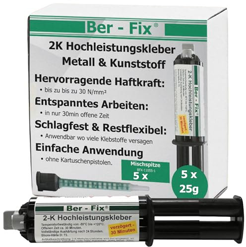 Ber-Fix 2K Kleber Kunststoff 5x25 g Hochleistungskleber 30 Min Kleber extra stark Metall Pvc GfK Holz Epoxid Harz frei auch als Kunststoff Spachtelmasse verwendbar