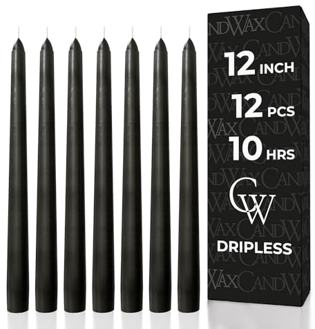 CANDWAX 12 inch Taper Candles Set of 12 - Dripless and Smokeless - Slow Burning Black Tapered Candle Sticks Ideal for Halloween - Black Candles