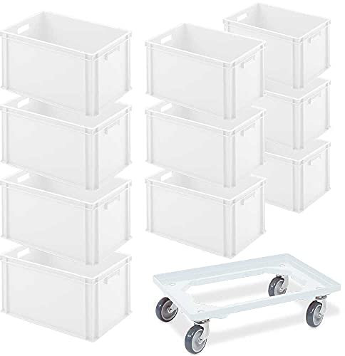 BRB 10 Euroboxen mit 2 Durchfassgriffen, LxBxH 600 x 400 x 320 mm, weiß + 1 Transportroller