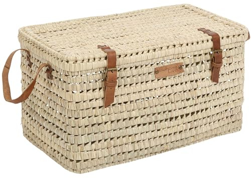 Bohome Living - Coffre de Rangement en Feuilles de Palmier et cuir, Malle à Jouets, Panier Rangement Salon (60cm)
