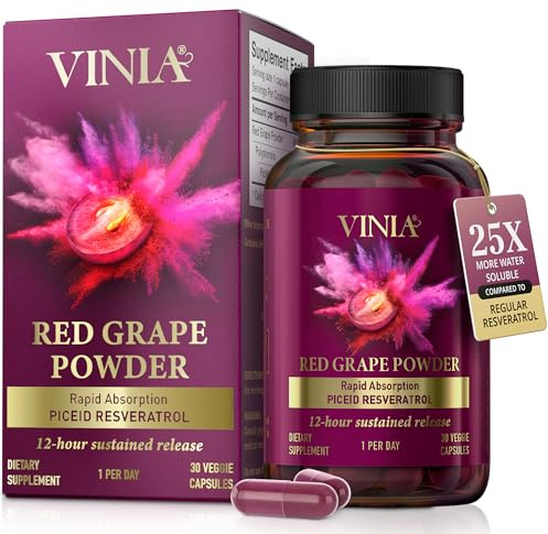 VINIA Piceid Resveratrol Supplement Capsules. Increases Blood Flow and Nitric Oxide. Blood Pressure and Heart Health Support | Antioxidant from Red Grapes | Non-GMO, 30 Count