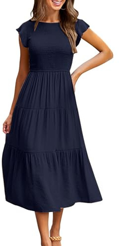 Yuson Girl Vestido Mujer Vestido Largo Verano Mujer Manga Volante Cuello Redondo Elegante hasta la Rodilla Vestidos de Playa Elástico Vestidos Largos Casual Sólida Vestido Verano(Marina, L)