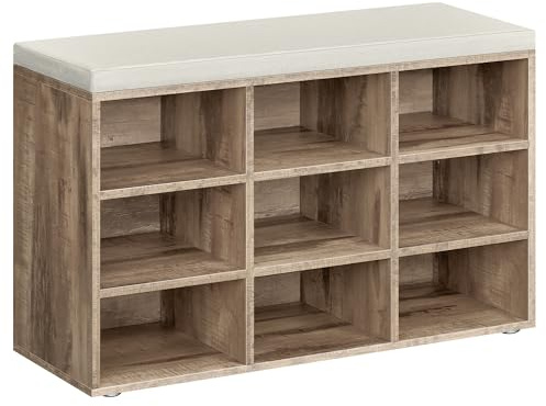 VASAGLE Custos Collection - Banc à Chaussures, Organiseur de Chaussures avec 9 Compartiments, Siège Rembourré, pour Entrée, Couloir, Placard, Marron Camel et Beige Cappuccino LHS009K02