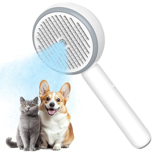 FUKUMARU Katzenbürste mit Dampf, Ein-Klick-Reinigung Dampfbürste Katze, Bürste Katze mit Wassertank und Spray, Anti Statische Elektrizität und Verknoten Steamy Brush für Katzen Hunde, Weiß