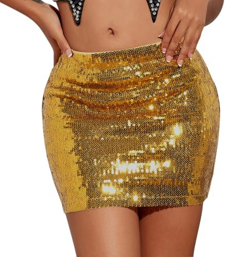 Durio Pailletten Rock Mini Skirt Glitzer Rock Niedrige Taille Sexy Minirock Fasching Karneval Party Festival Outfit Damen Gold M