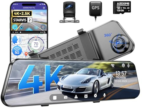 AZDOME PG17 Pro 4K+2.5K Mirror Dash Cam with STARVIS 2 & 5G WiFi Rear View Mirror Camera, OTA Upgraded, Parking Assist, Voice Control, 128GB Card - Mirror Dash Cam with 12-Inch Touch Screen