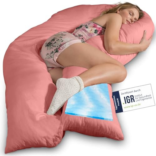 Traumreiter Seitenschläferkissen Visco XXL mit Bezug Baumwolle Altrosa, Hybrid Kissen +1cm Memory Foam Schwangerschaftskissen U Form Gel Body Pillow Komfortkissen Ergonomie Zertifiziert