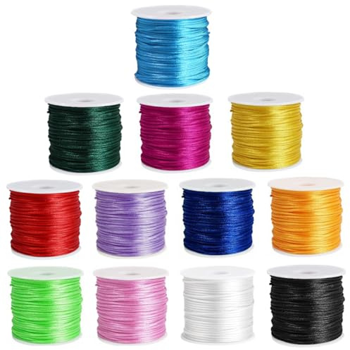 Suo Långt armband gör snöre 12 rullar, 1,5 mm satinsnöre nylonsträng för armband, rottingsilke pärltråd för Kumihimo, halsband, makraméhantverk, nyckelband, smyckestillverkning