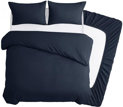 Deconovo 4 Piece Double Duvet Set, Brushed Microfibre Double Duvet Cover Set with 35cm Deep Fitted Sheet and 2 Pillowcases, Soft Bed Sheets for Double Bed - Navy Blue
