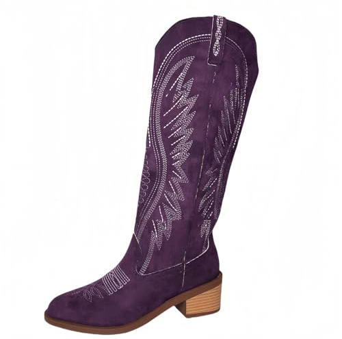 FQLGJMY Dam mitt på vaden knähöga cowboy stridsstövlar vintage etnisk blomma design läder snörning rund tå tjocka låga klackar ridstövlar boho vinter höst klänning stövlar festdekor, Våg lila, 37 EU