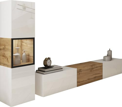 Conjunto de Muebles de salón Berlin I, Juego de Muebles de salón, Mueble TV 180 cm, iluminación LED Opcional, Diferentes Acabados, Muebles de salón Modernos (Blanco/Wotan)