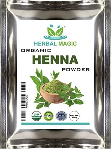 Herbal Magic's Organic Henna Powder for Hair, USDA,Triple Sifted, Herbal Hair Mask, Natural Hair Dye Colour, Body Art Quality, Chemical Free Hair Coloring Free from Fillers & Preservatives-100g