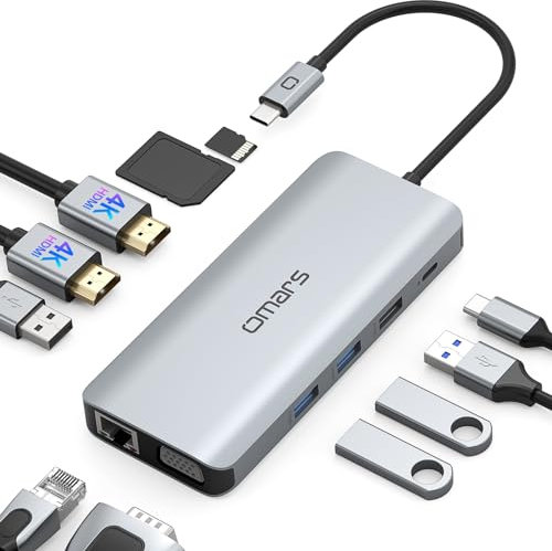 Omars Docking Station Triple Display USB C Hub Dual HDMI mit VGA USB C Adapter Multiport Docking Station 2 HDMI 4K,Gigablit Ethernet RJ45,PD 100W,4xUSB,SD/TF für MacBook Pro/Air M1 M2,Dell,HP,Surface