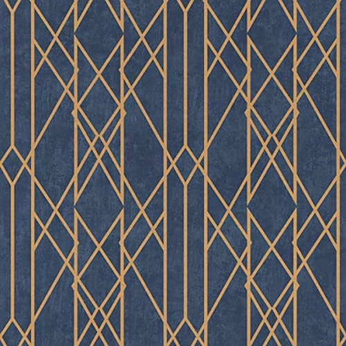 Rasch Portfolio Lattice Geometric Wallpaper Luxury Metallic Shimmer Feature Wall Stripe Linear 10m Roll Navy Blue Copper 215144