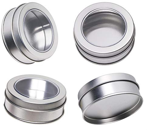 Mini Skater 2 Ounce Clear Top Window Metal Tin Cans High Grade of Transparency Round Screw Lid Empty Box Containers for Candies,Bead, Balms and Jewelry,4PCS (Silver)