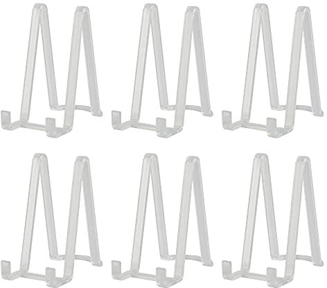 Plate Holder Easel Display Stands - 6-Inch Plastic Stand for Decorative Plates, Picture Frames, Books, Tabletop Art - Clear (6-Pack)