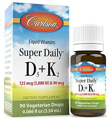 Carlson - Super Daily D3 + K2, 125 mcg (5000 IU) Vitamin D3, 90 mcg Vitamin K2 as MK-7, Bone Support, 90 Liquid Drops (2.54 mL)