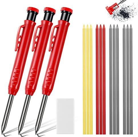flintronic Lapiz Carpintero, 3 Piezas Lápiz Carpintero Profesional con Sacapuntas y Borrador, Lápices Mecánicos con 12 Recambios (Rojo, Negro, Amarillo), Lápiz de Obra, para Arquitecto, Carpintero