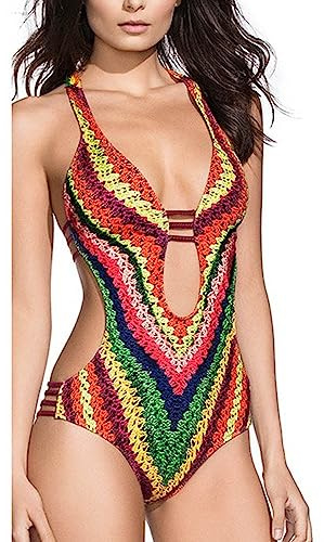 SoLu DAY8 Monokini Serpent Col en V Dos Nu Maillots De Bain Femme 1 Piece Monokini Femme Sexy Trikini Maillot De Bain Maillots Une Pièce Natation Beachwear Swimwear Plage (Multicolore, M)