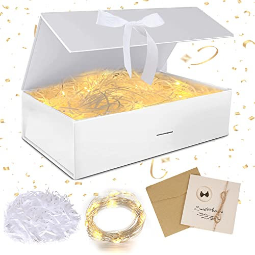 Geschenkbox mit Deckel, Geschenkbox mit Schleifen, Faltbare Geschenkboxs, Geschenkkarton mit Magnetisch, Grußkarten, Raffia Hamper Shreds, LED-Lichterkette, für Hochzeit Geburtstag Weihnachten
