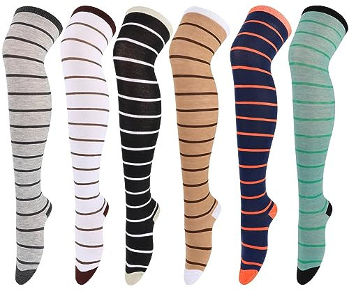 DRESHOW 6 Pairs Knee High Socks for Women Casual Stripe Long Stocking Tube Socks