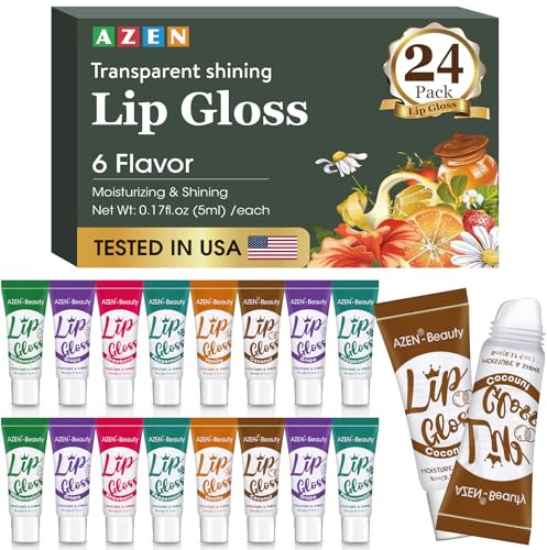 AZEN 24 Pack Lip Gloss Set, Clear Lip Gloss Bulk, Lip Oil for Dry Cracked Lips Moisturizing Hydrating Nourishing with Vitamin E, Valentines Gifts Easter Basket Stuffers