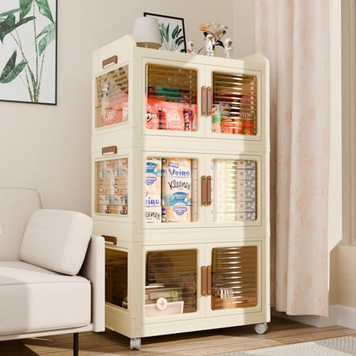 GARPROVM Faltbar Aufbewahrungsbox mit Deckel und Rollen, 104L Stapelbar Ordnungsboxen mit Tür Sortierschrank bewegliche Lagerboxen Plastikbox Stapelkisten Organizer Boxen Kunststoffboxen, 3 Etage