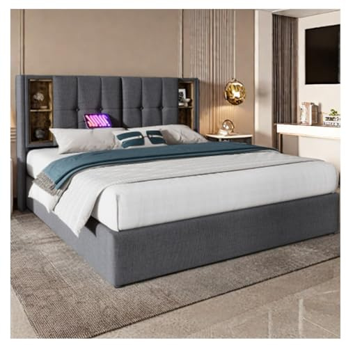 Sapgaks Cama acolchada 180x200 cm, con puerto USB, almacenamiento, lino, estructura de madera, gris (colchón no incluido)