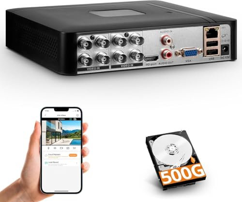 Enregistreur Vidéo de Surveillance DVR 8 Canaux H.265+ avec Disque Dur de 500 Go, Enregistreur CCTV Hybride 5-en-1 pour Caméras IPC/AHD/TVI/XVI/CVI, DVR pour Système de Vidéosurveillance à Domicile