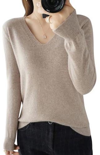 Suéter de Punto de Cachemira de Las Señoras, Cuello en V, Señoras Suéter Casual Suéter de Punto, Color Sólido Suave Suéter de Punto, Suéter Casual de Manga Larga con Cuello en V (Camel,M)