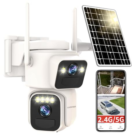 Luovisee Solar Security Cameras Outdoor Wireless,2.4G/5G WiFi Cameras for Home Security, Dual Lens PTZ Motion Zone,2-Way Audio,Night Vision,Weatherproof,SD/Cloud Storage