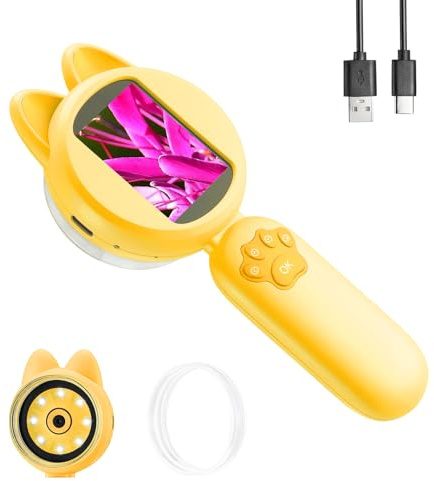 Kids Microscope, 30X Handheld Pocket Microscope for Kids with 2'' Screen& Light, Mini Digital Magnifying Glass for Educational Science and Hobby, Like Trichome& Bug, Store up to 300 Photos-Yellow