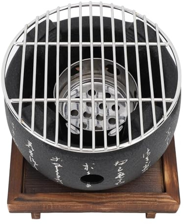 Round Kamado-Design BBQ Grill - Aluminum Alloy & Teak Wood Composite, 25cm/30cm Diameter for Camping/Garden/Beach (S)