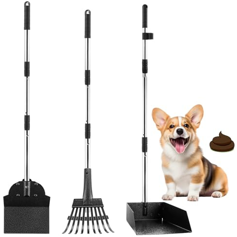 GBACHOOSE 3 palette per escrementi di cani, manico lungo, Dog Pooper Scooper e rastrello, in metallo, per il giardino
