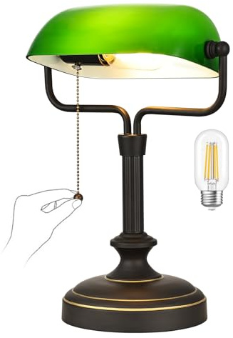 Grön bankir-skrivbord, justerbar glasskugga, vintage lampa med dragkedja brytare för hemmakontor, pianolampa, 6 W LED-glödlampa ingår