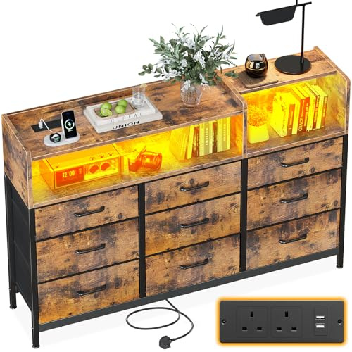 ODK Chest of Drawers Bedroom, Dresser Cabinet with 2 Sockets, 2 USB Ports and 10 Colored LED Strips, Chest Drawers with Shelf 9 Fabric Drawers for Bedroom Living Room, 130 * 30 * 97cm, Vintage