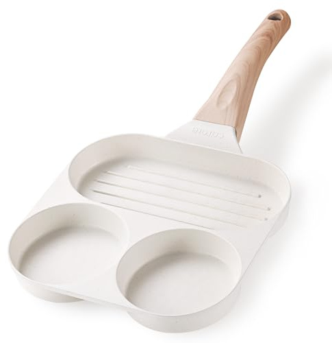 CAROTE Egg Pan Omelette Pan, 3-In-1 Divided Nonstick Grill Pan, Pancake Pan and Healthy Egg CookerSuitable for Gas Stove & Induction Cookware, White Granite