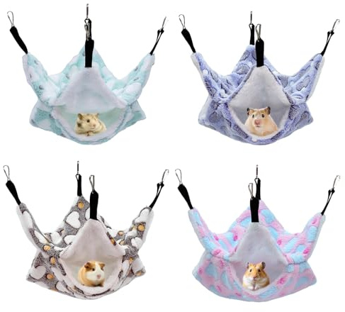 Yeqqzq 4 Pcs Small Animal Hanging Hammock, Double Layer Ferret Bunk Bed, Hammock Soft Warm Guinea Pig Hideout Hanging Rat Ferret Cage Accessories for Hamster Rat Parrot Guinea Pig