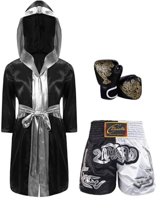 Sywiyi Costume De Boxeur Enfant Peignoir De Boxe Avec Short Muay Thai Kick Boxing Gants Boxe Tenue Kickthai Muay Thai Complet Combat Noir Argent 7-8 ans