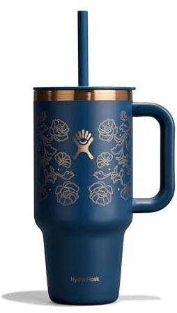 Hydro Flask - Travel Tumbler 946 ml (32 oz) with Closable Press-in Straw Lid - Stainless Steel - Double Wall Vacuum Insulated - Splash Resistant lid - Western Dark Blue