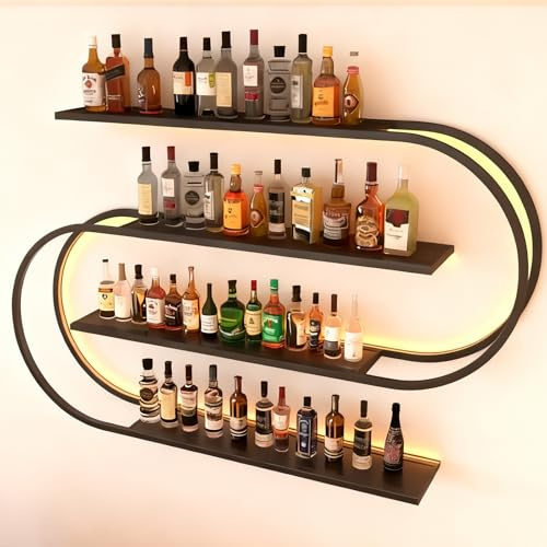 RAJYQODIS Wall Mounted Wine Rack, Floating Bar Shelves 4-Tier，Industrial Metal Bottles Display Storage Shelf, for Home Bar Dining Room Decor, Black (150CM)