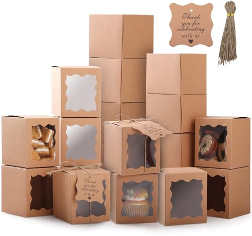 20pz Scatola Regalo Kraft,GeeRic 8.5*8.5*10CM Scatoline Regalo con Finestra Trasparente+Corda+Tag Vintage Imballaggio DIY Candele Biscotti Caramelle Gioielli Scatola a Nozze Festa,Compleanno,Natale