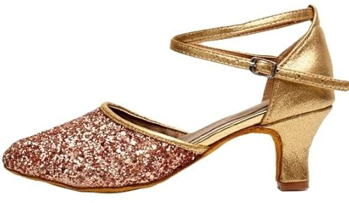 HCHCTRY Womens Latin Dance Shoes Sequin Heel Ballroom Salsa Tango Party Flamenco Latin Comfortable Non-Slip,Indoor Dance Shoes Pumps (Champagne Gold-1.97in,7)