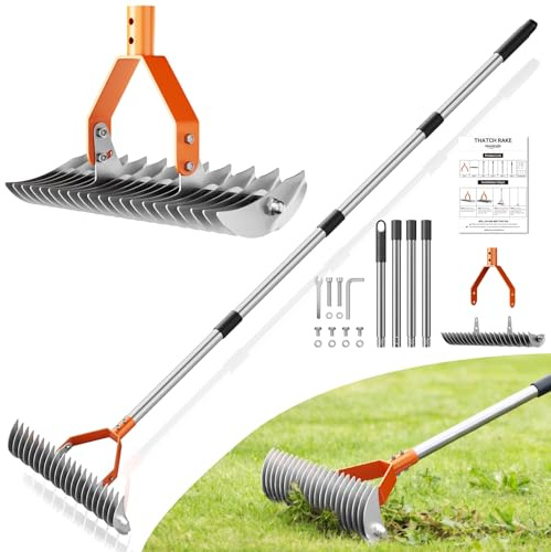 Thatch Rake for Lawn with 68 Adjustable Handle, 15 Heavy Duty Dethatcher Rake for Lawn, Thatching Rake with Dual-Action Tines, Dethatching Rake for Efficiently Removes Dead Grass, Loosens Soil