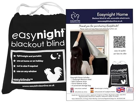 Easynight Blackout Blind, 100% Light Blocking Fabric, Regular, Fit Any Size/Shape Up To 150x145cm, Made to Measure Service Available, No Drill, Easy Use Temporary Permanent Anywhere