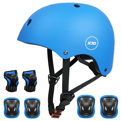 XJD Kids Bike Helmet,Multi-Sport Protective Gear Set for 3-5-8-14 Years Boys Girls with Knee and Elbow Pads Wrist Guards fit Roller Skates,Cycling,Skateboarding,Skating Scooter (Blue, Medium)